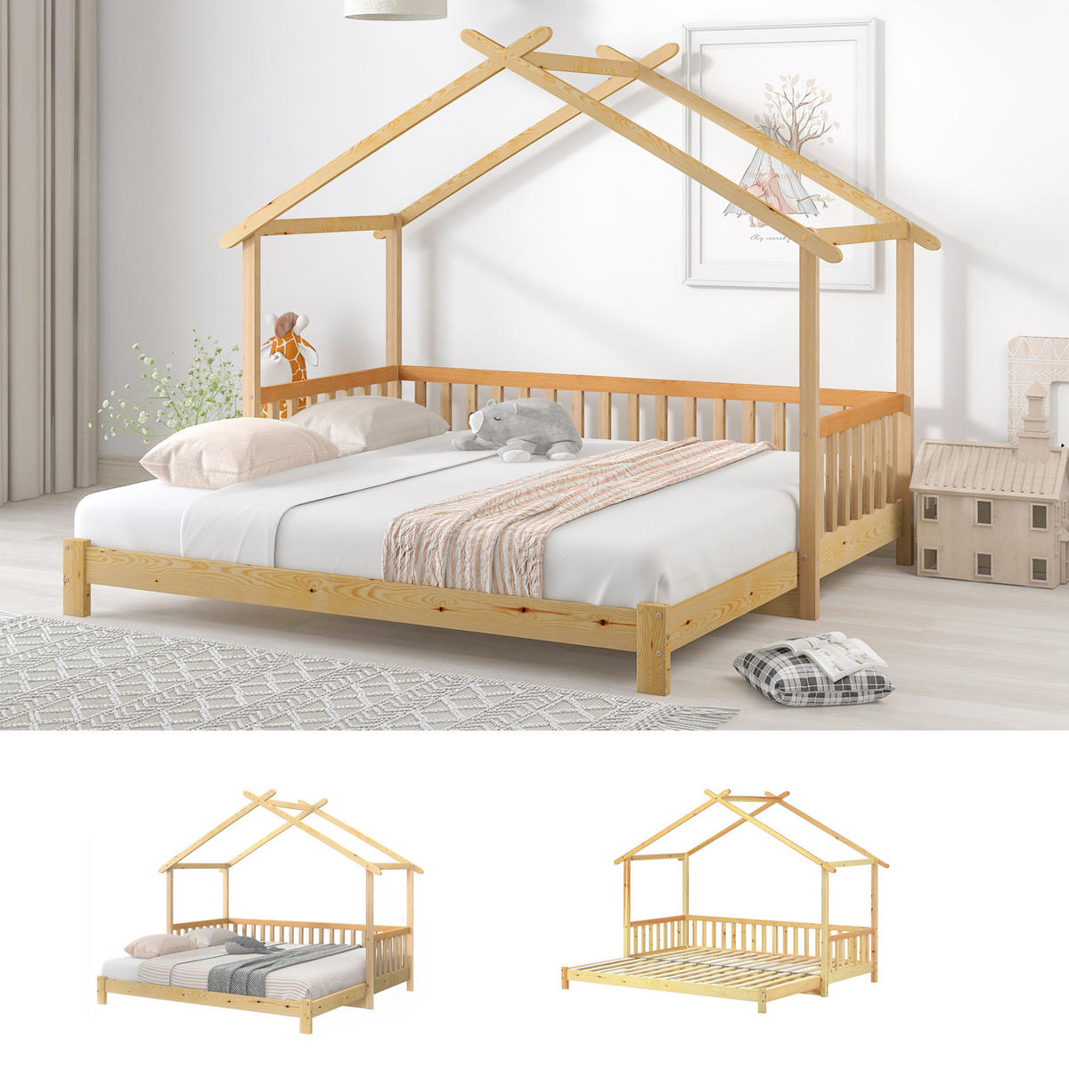 HAUSBETT aus massivem Kiefernholz 90/180x200 cm Natur ausziehbar mit Hausdach und 3-seitigem Geländer - Naturfarben, Holzwerkstoff (90/200cm) - Modfu