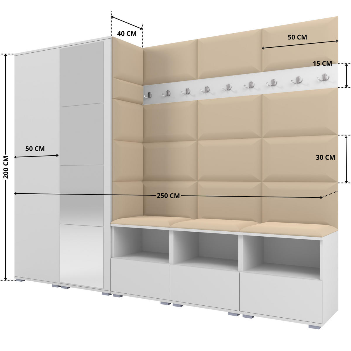 GARDEROBE NELA VII 250 cm (Modulare Flurmöbel XL Weiß mit Spiegel & Sitzpolster Beige 04 Universell) - Beige/Silberfarben, Holz/Holzwerkstoff (250/187/40cm) - Ravio
