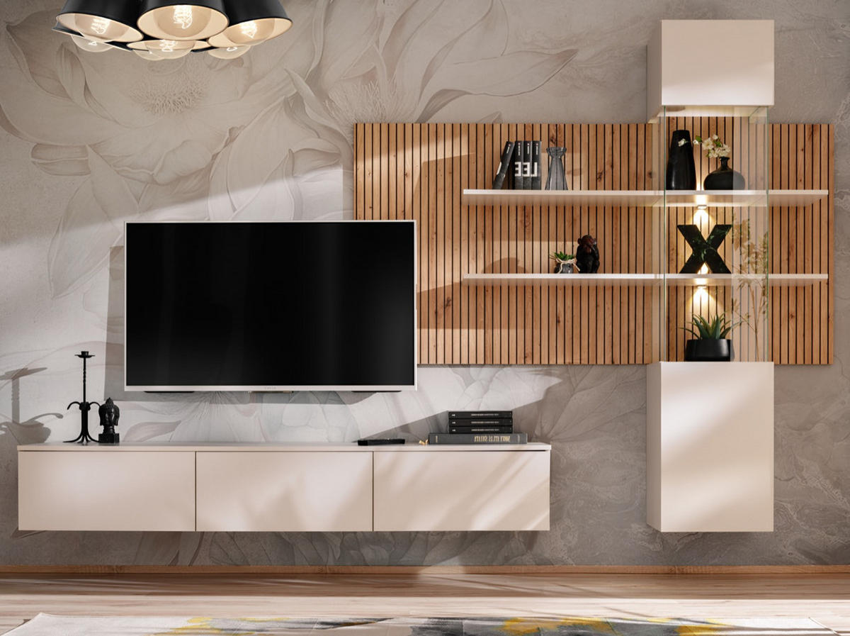 WOHNWAND Sand matt, Eiche Artisan 280 cm, Schrankwand hängend inklusive LED Beleuchtung - Sandfarben/Schwarz, Holzwerkstoff/Metall (280/180/45cm) - Furn.Design