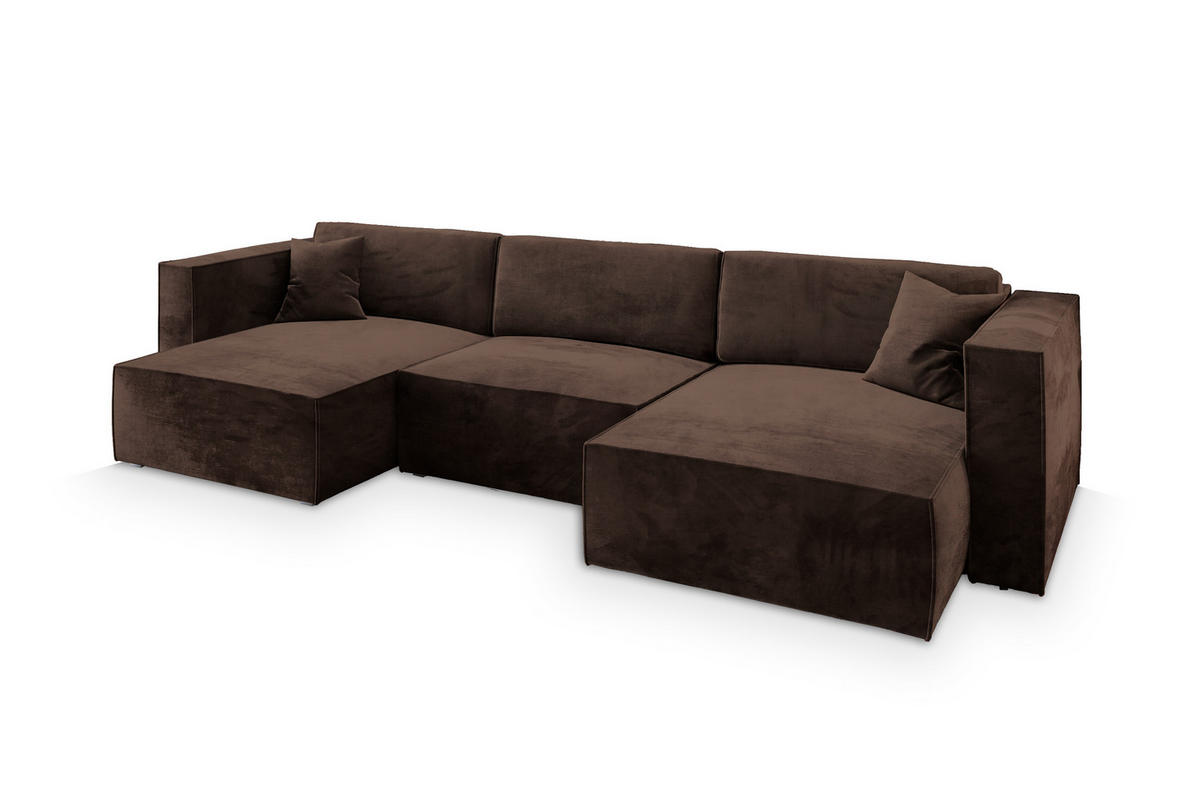 WOHNLANDSCHAFT SARMO M Braun Velours-Stoff mit Schlaffunktion - Braun, Holz (347/70/148cm) - MASSENO