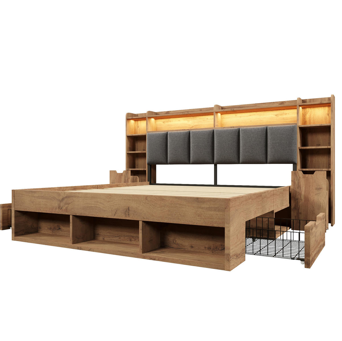 POLSTERBETT 160/200 cm Eichefarben mit LED-Beleuchtung, USB-Anschlüssen, Stauraum und Rollschubladen - Naturfarben, Holz (160/200cm) - OKMYHOME