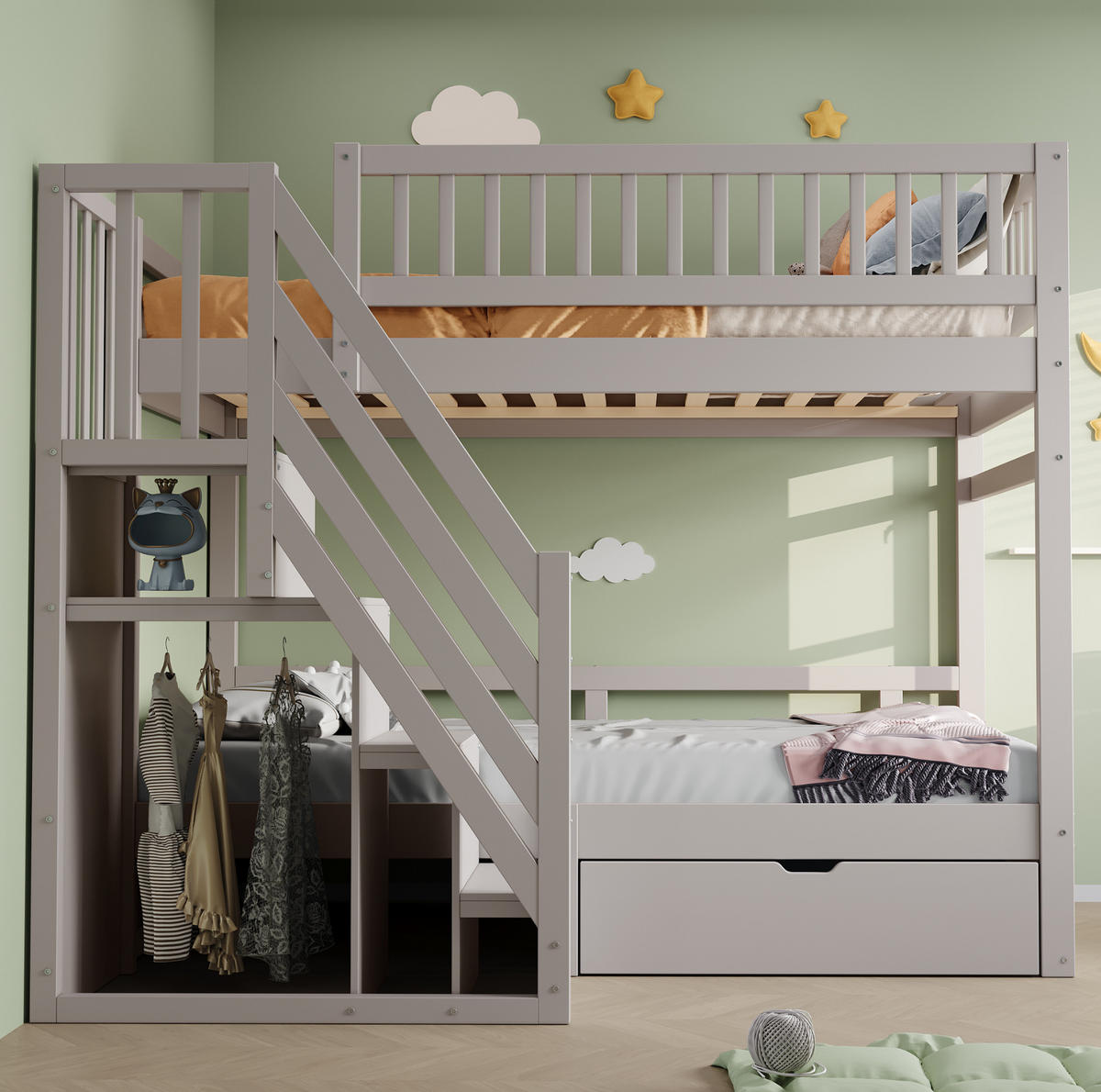 ETAGENBETT 90/200 cm aus Kiefernholz mit Treppe und Stauraum Grau - Grau, Holz (90/200cm) - Modenvie