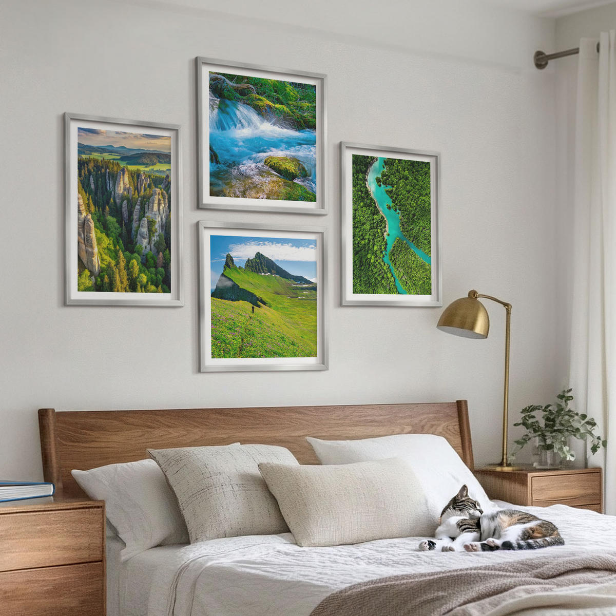 WANDBILDER 4er Set - 50x50 cm & 40x60 cm Silberner Rahmen - Grüne Berge, Flussfelsen - Silberfarben, Kunststoff (50/50cm) - ArtPrintCave