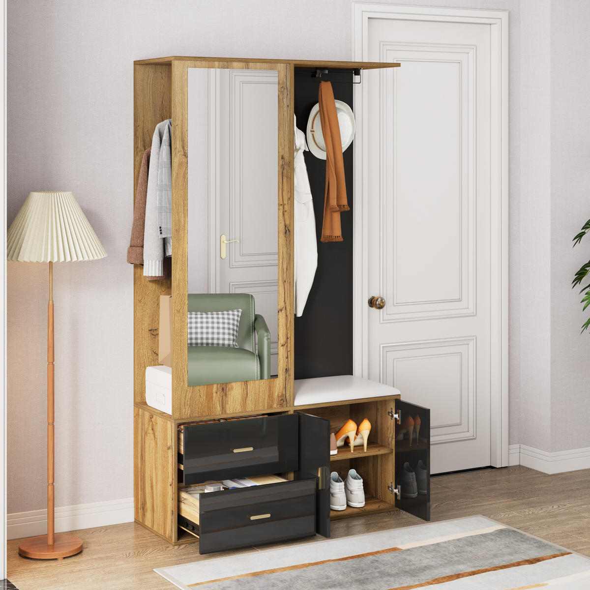 GARDEROBENSET Schwarz Holz Spiegel Schuhschrank Kleiderbügel - Schwarz, Holzwerkstoff (38/180/100cm) - FLIEKS