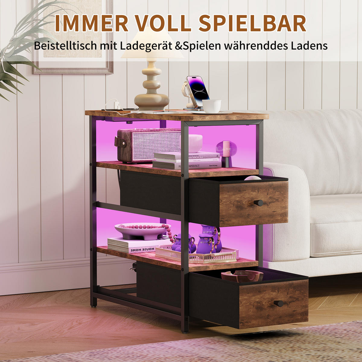 NACHTTISCH LED USB 2 Schubladen 2 Fächer Vintage braun - Braun, Holz (58/28/60.5cm) - LEBENLANG