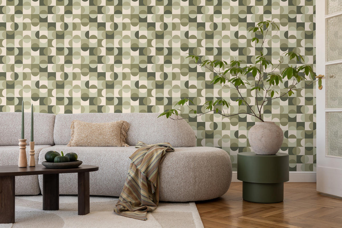 TAPETE Kreise im Bauhaus-Stil 50 x 900 cm - Grün, Papier (50/900cm) - ESTAhome