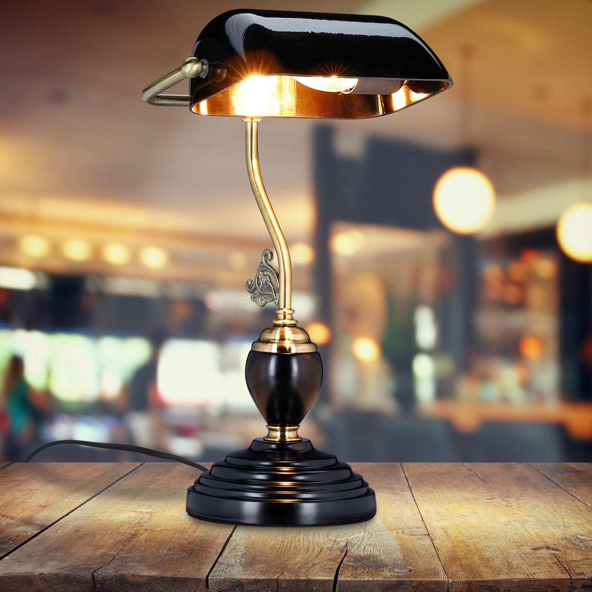BANKERLAMPE - Schwarz, Glas/Holz (19/26/44cm) - Relaxdays