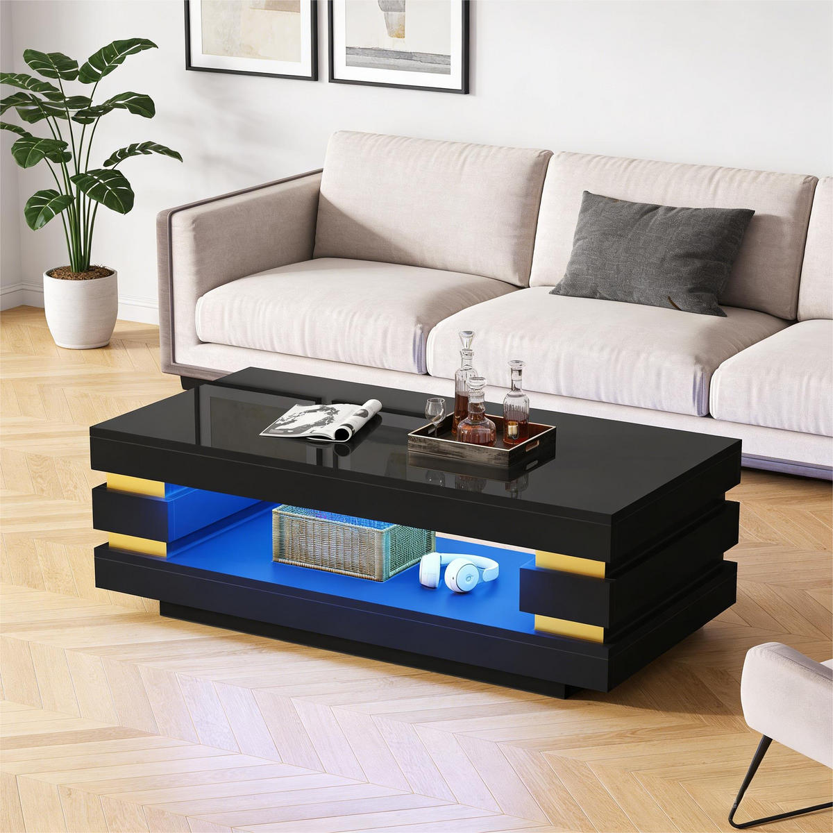 COUCHTISCH Schwarz LED 100x50x35cm mit Stauraum und Spanplatte - Schwarz, Holzwerkstoff (100/50/35cm) - FLIEKS