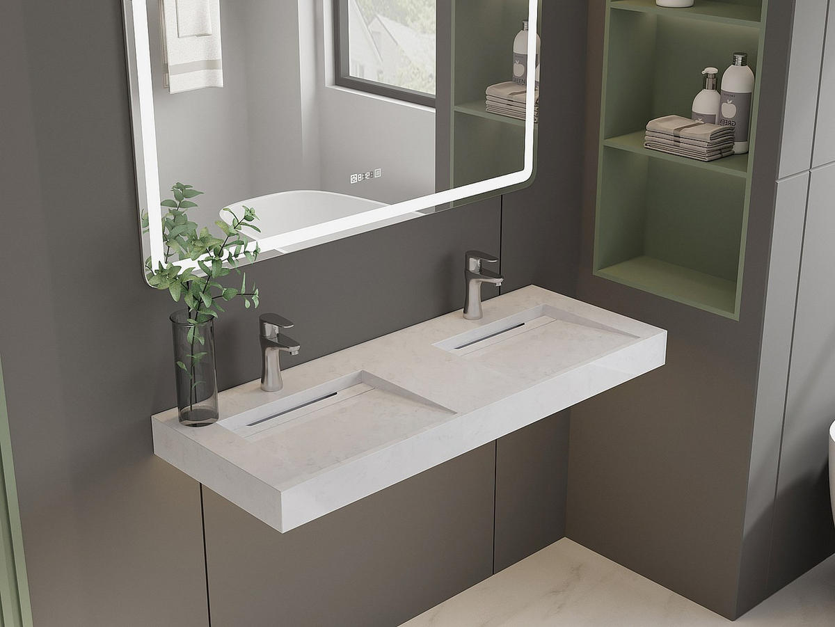 DOPPELWASCHBECKEN hängend - 120,2 x 45,2 x 8 cm - Weiß mit Marmor-Optik - KODIAK - Weiß, Stein (120.2/8/45.2cm) - Vente-Unique