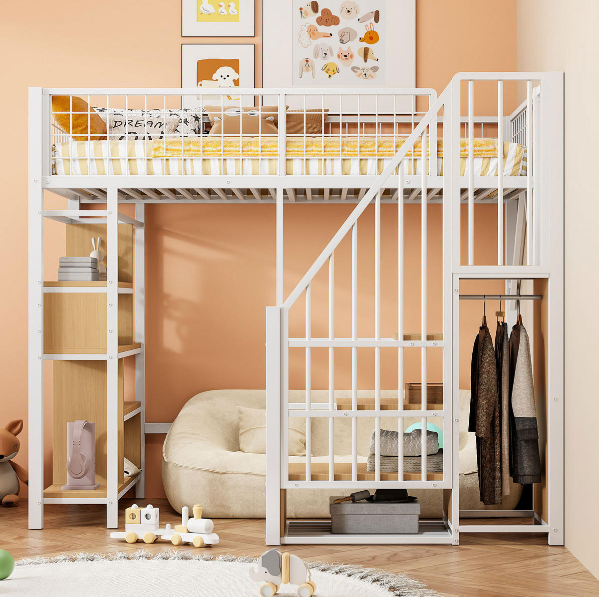HOCHBETT 90/200 cm in Weiß mit Stauraumtreppe und vielseitigem Unterbettbereich - Weiß, Metall (90/200cm) - Flora Grace