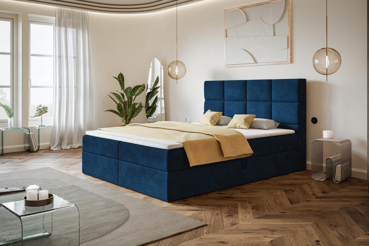 BOXBETT ROMA mit 2 Bettkästen, 140x200, Farbe: Dunkelblau, Velourstoff, Doppelbett mit Bonell-Matratze - Dunkelblau, Holz/Kunststoff (140/200cm) - Alpi-Möbel