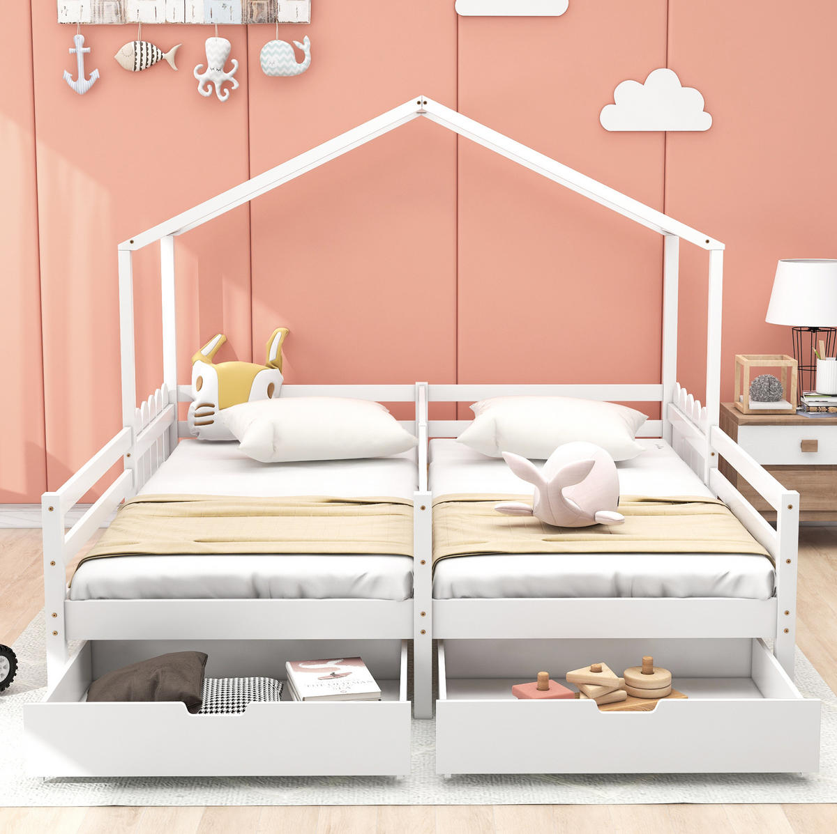 HAUSBETT 200/90 cm Weiß aus Massivholz mit 2 Schubladen - Weiß, Holz (90/200cm) - OKMYHOME