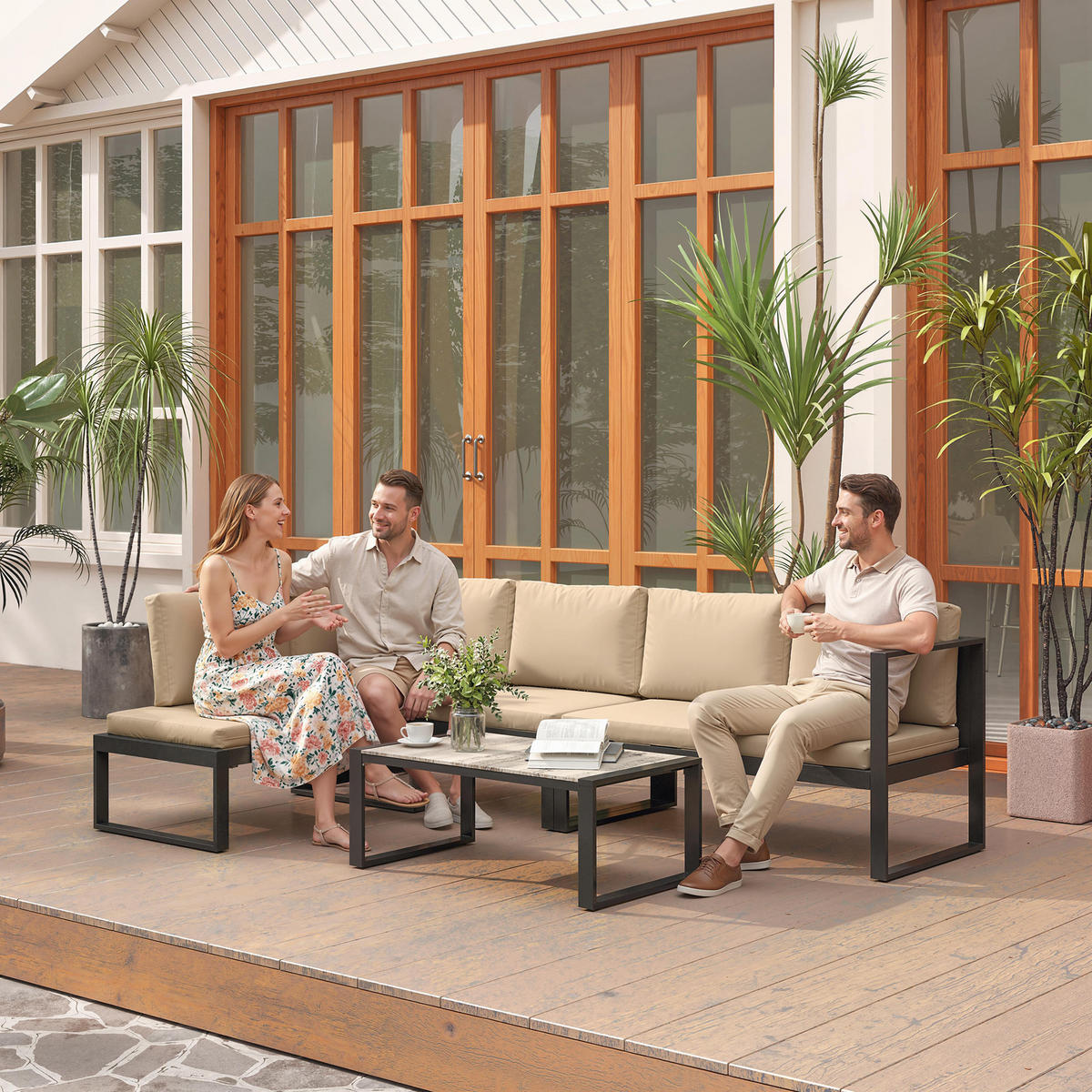 GARTENMÖBEL-SET DE-06584 4-tlg. mit 2 Zweisitzern & Couchtisch Khaki - Taupe, Textil/Metall - ComfortXL