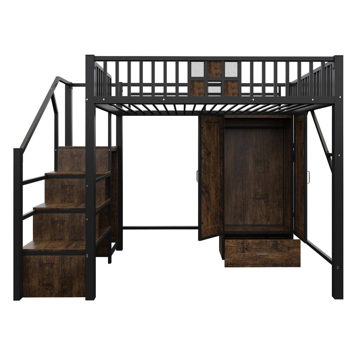 HOCHBETT 140/200 cm, Schwarz mit Kleiderschrank und Stauraum - Schwarz, Metall (140/200cm) - MIVRAY