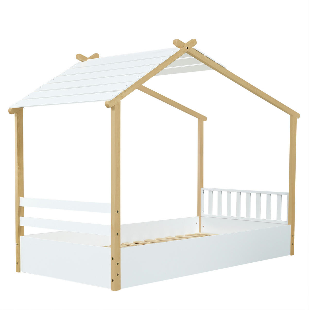HAUSBETT aus Kiefer, Spanplatte und MDF 90x190 cm Weiß/Natur mit Lattenrost im Hausdesign - Weiß, Holzwerkstoff (90/200cm) - Modfu