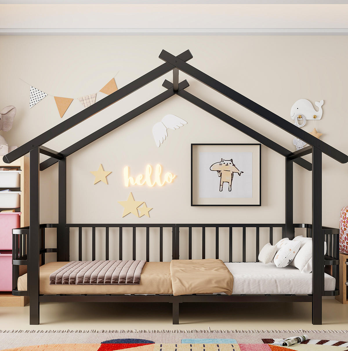 KINDERBETT Hausdesign 90/200 cm Schwarz aus Metall mit Sicherheitsgitter ohne Matratze - Schwarz, Metall (90/200cm) - MIVRAY