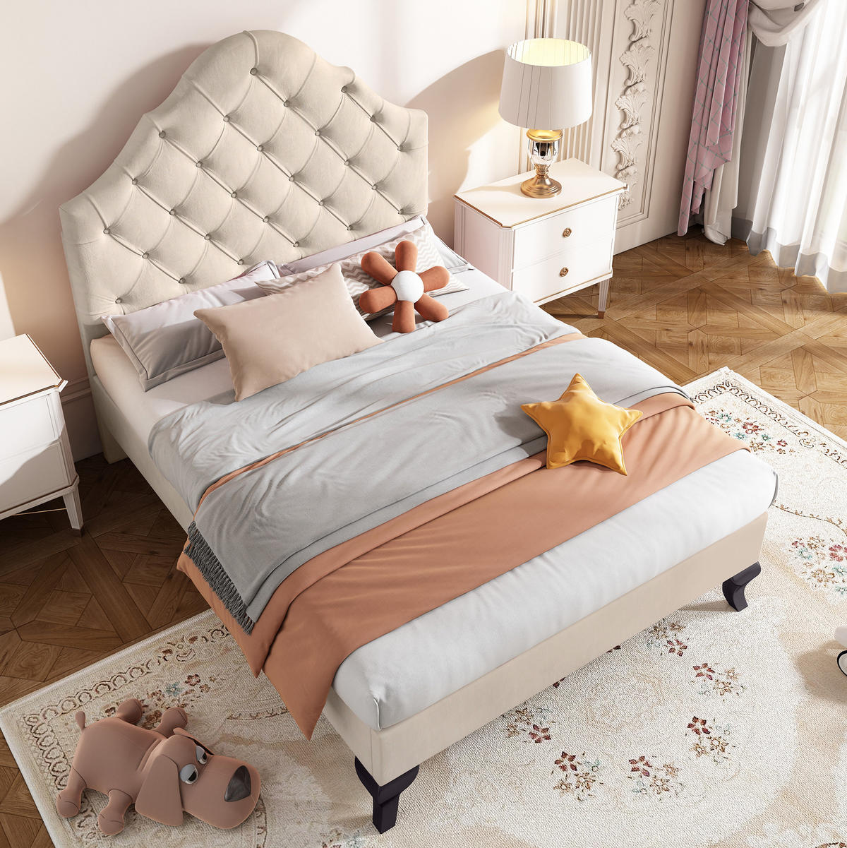 POLSTERBETT mit verstellbarem Kopfteil 90x200 cm Samt Beige - Beige, Metall (90/200cm) - Beauniv