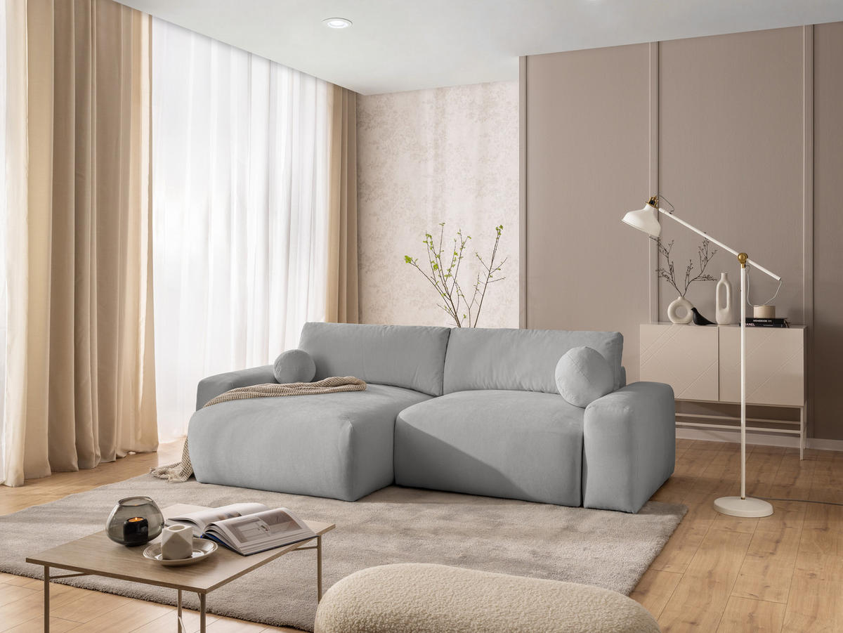 ECKSOFA Puffy mit Schlaffunktion und Bettkasten - besonders weich und puffig aus Grau Webstoff - Ottomane links - Schwarz/Grau, Holz/Kunststoff (138/266cm) - S-Style Möbel