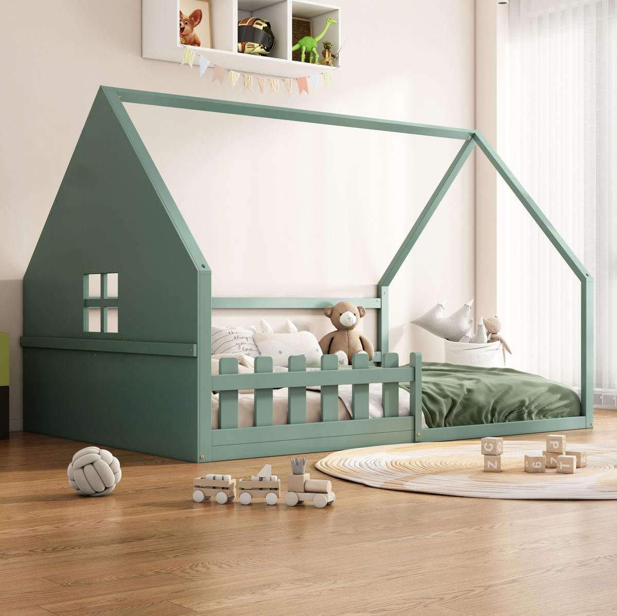 DJEČJI krevet 140/200 cm zeleni od borovine i MDF-a s kućastim okvirom i ogradom - zelena, drvo (140/200cm) - OKWISH