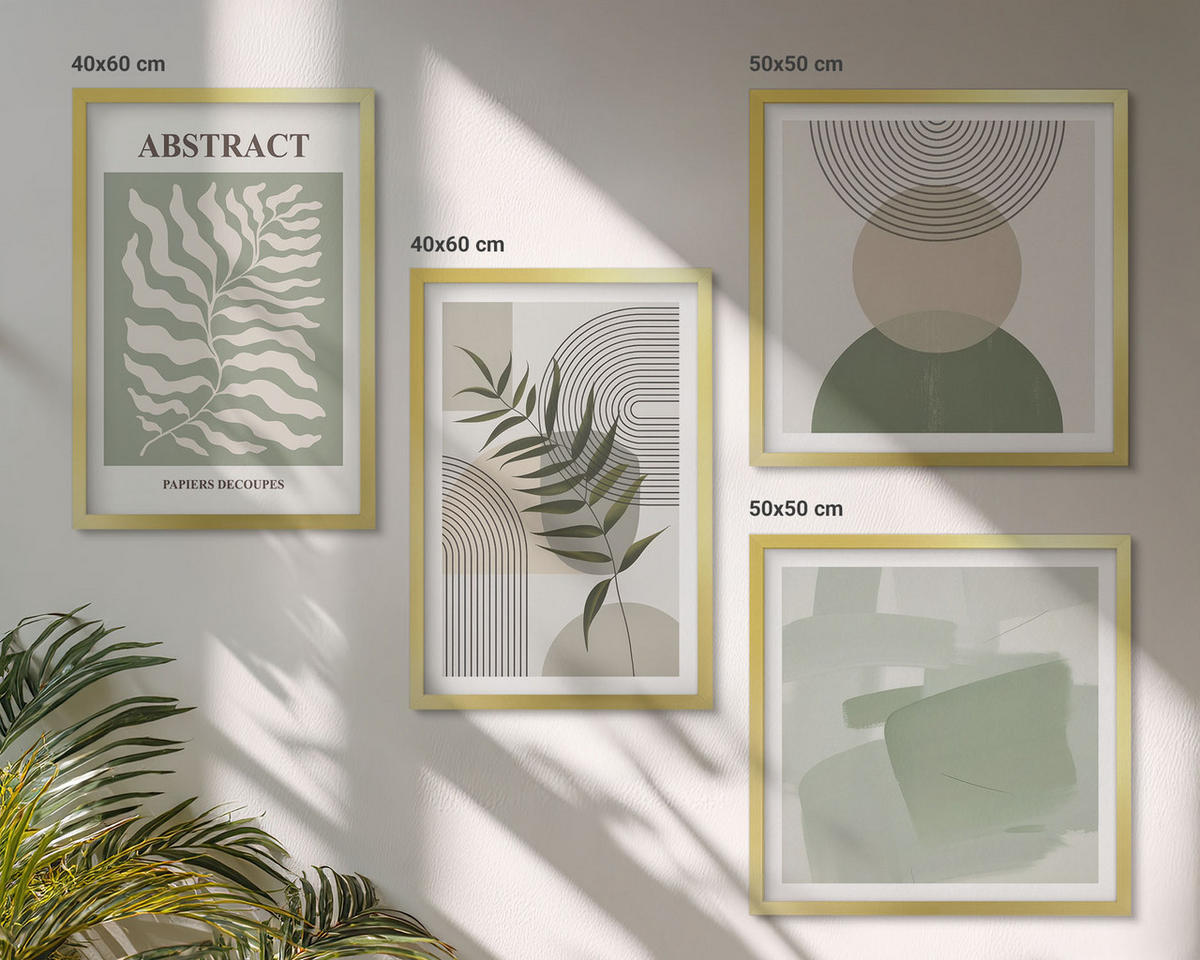 BILDER SET 4er Set - 50x50 cm & 40x60 cm Goldrahmen - Botanische Boho-Abstraktionen - Goldfarben, Kunststoff (50/50cm) - TULUP