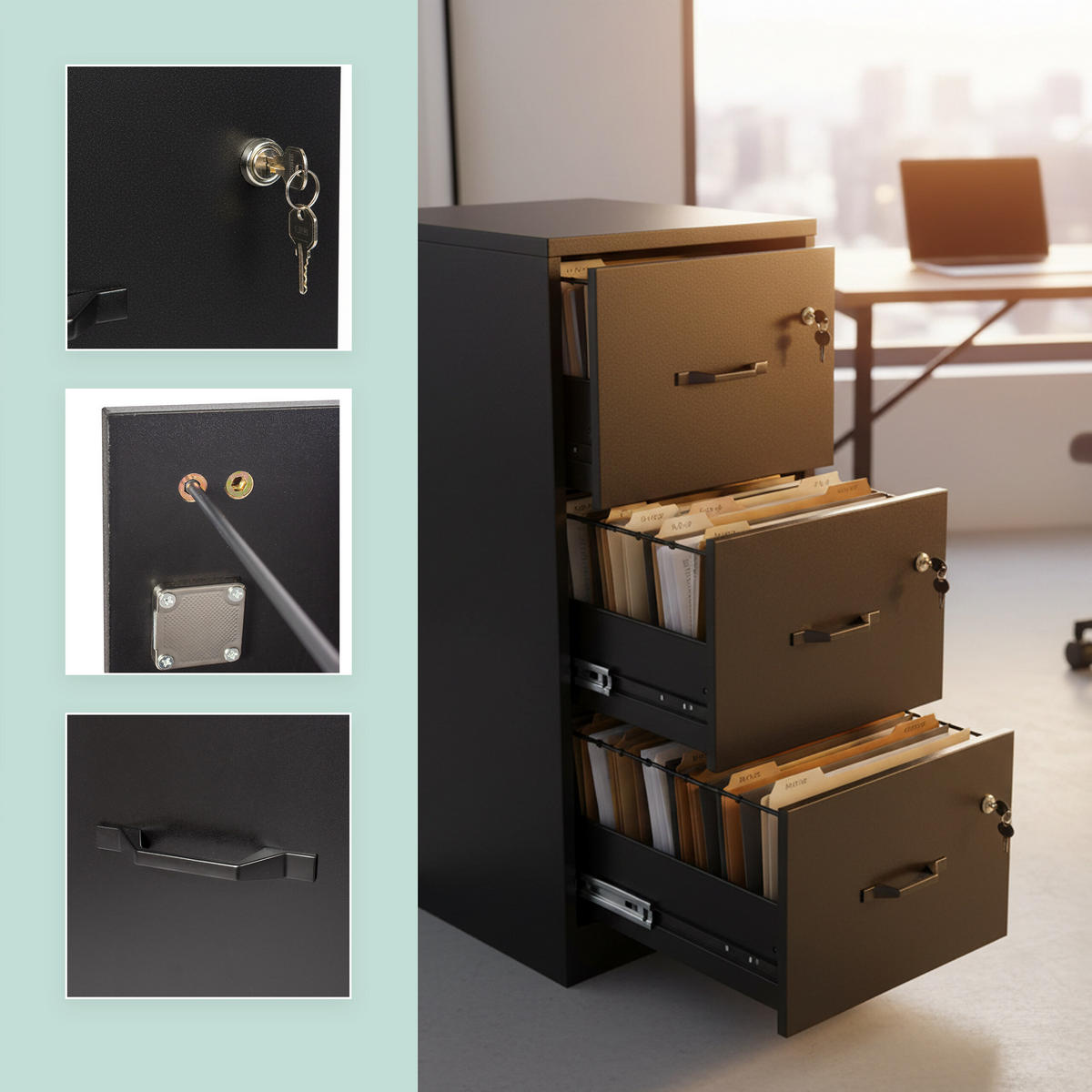 AKTENSCHRANK - Schwarz, Holzwerkstoff/Metall (40/103/40cm) - Relaxdays