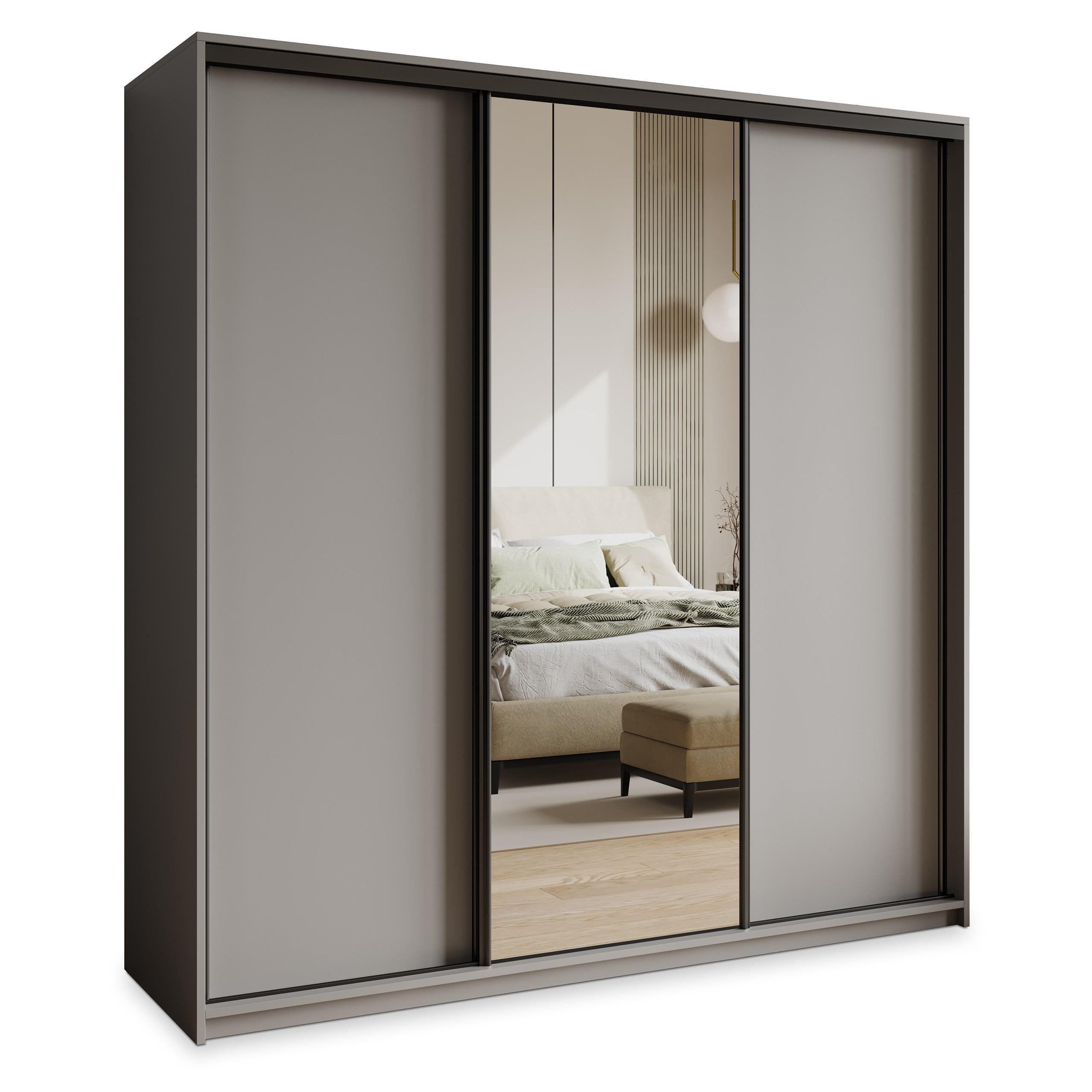 SCHWEBETÜRENSCHRANK TAVI 200/205/60 cm 3-türig mit Spiegel Graphitfarben - Graphitfarben, Holzwerkstoff (200/205/60cm) - MASSENO