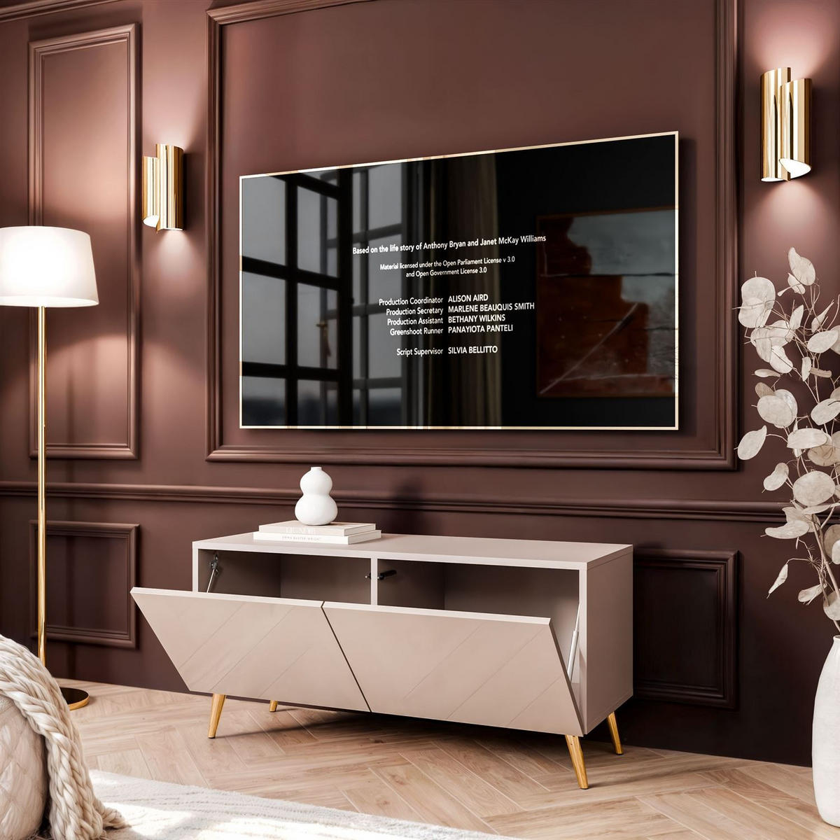 TV-SCHRANK COLGANTE 100 Kaschmir Hochglanz, mit LED, Schräge goldene Füßen - Kaschmir/Goldfarben, Holzwerkstoff (100/49/40cm) - Lookway