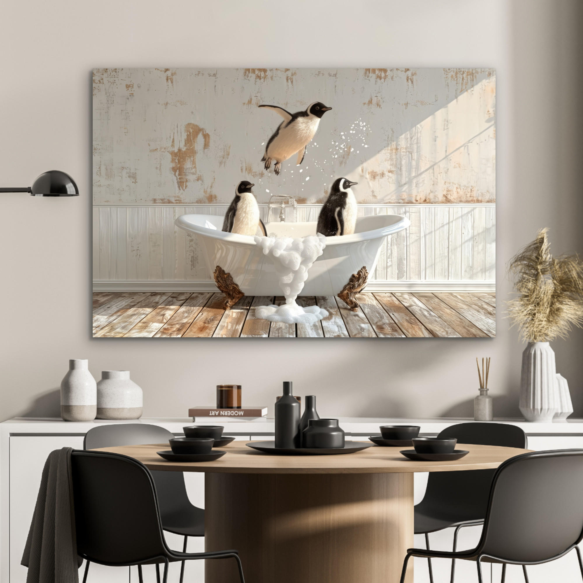 METALLBILD Vintage - Pinguin - Badewanne - Schaumstoff 90x60 cm - Schwarz, Metall (90/60cm) - MuchoWow