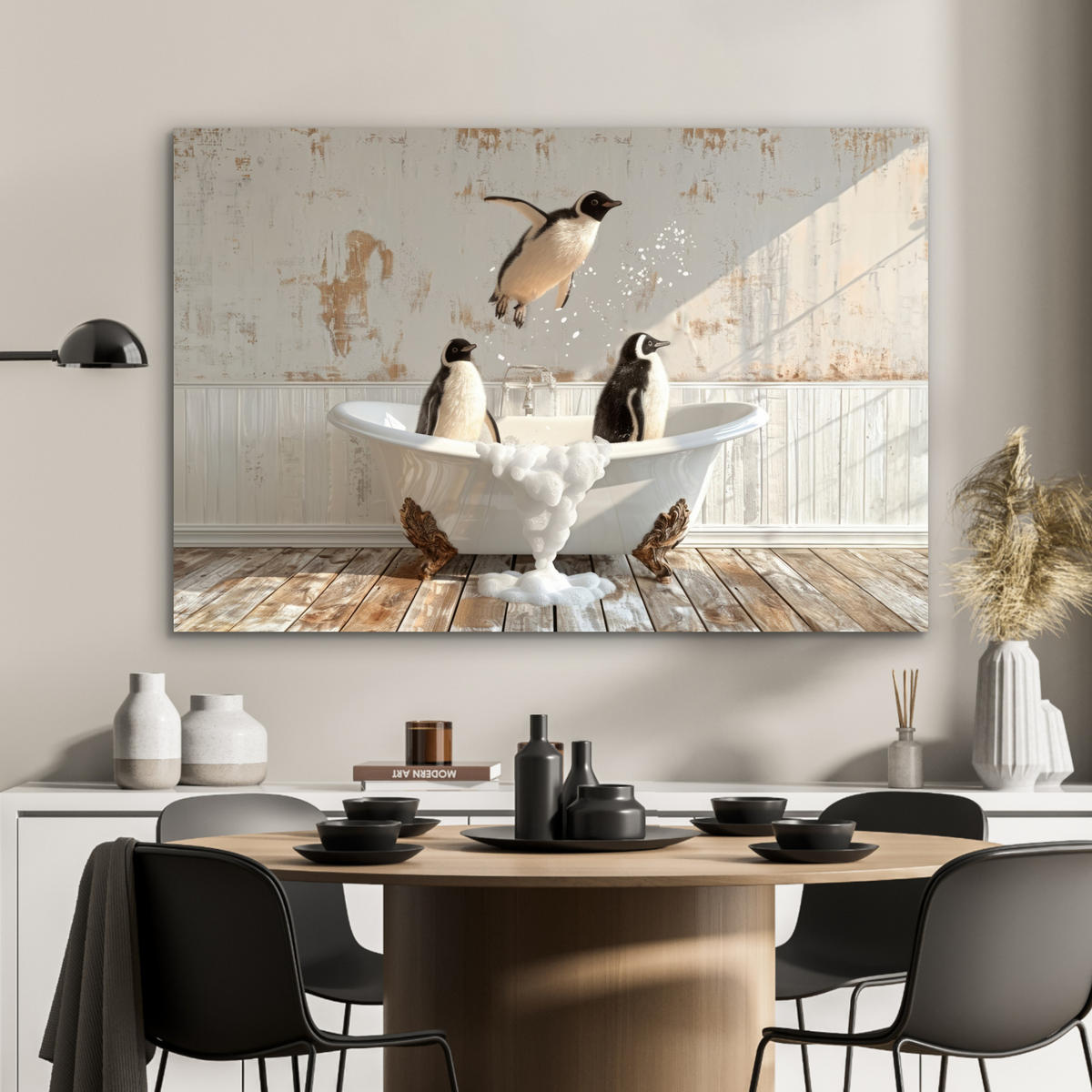 METALLBILD Vintage - Pinguin - Badewanne - Schaumstoff 120x80 cm - Schwarz, Metall (120/80cm) - MuchoWow