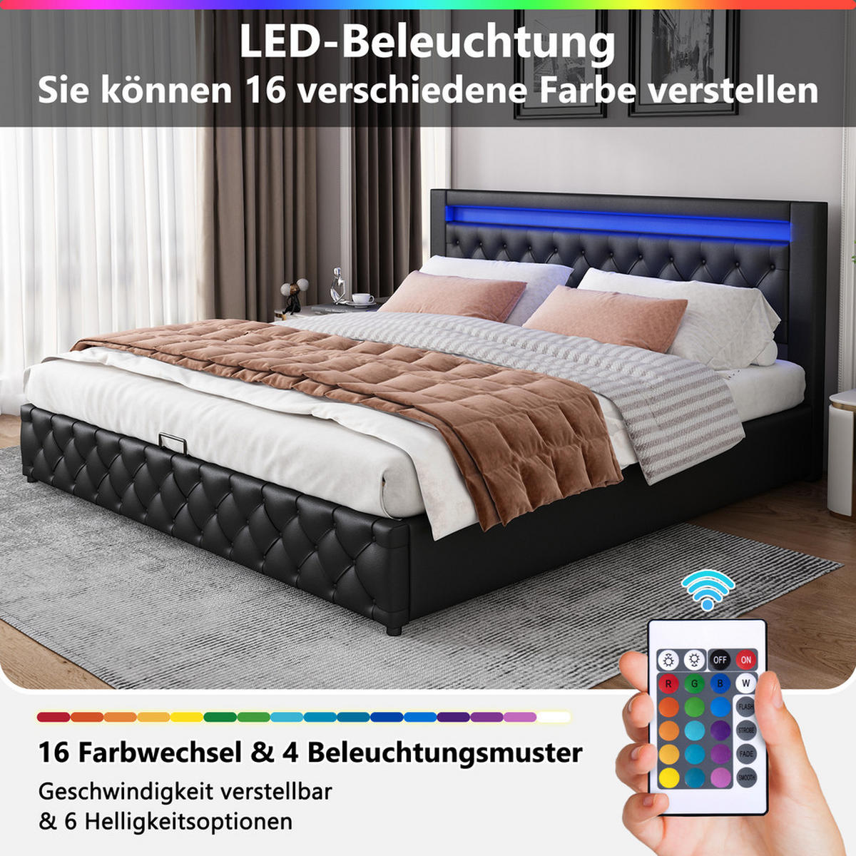 POLSTERBETT Funktionsbett PU 160x200 cm Schwarz Mit Stauraum und LED - Schwarz, Textil - Raelunyi