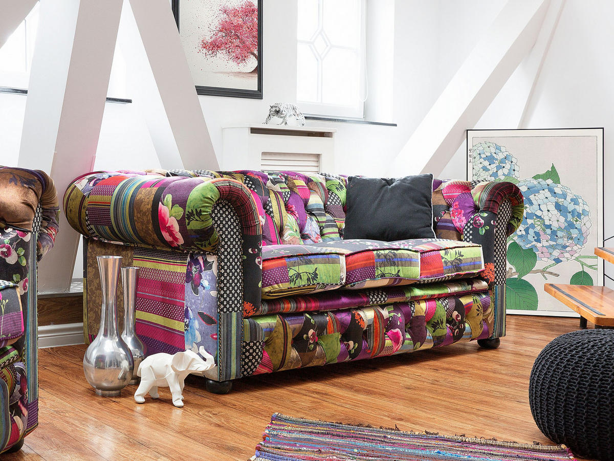 3-SITZER-SOFA Polyester Bunt Chesterfield - Hellgrün, Textil (200/71/96cm) - Beliani