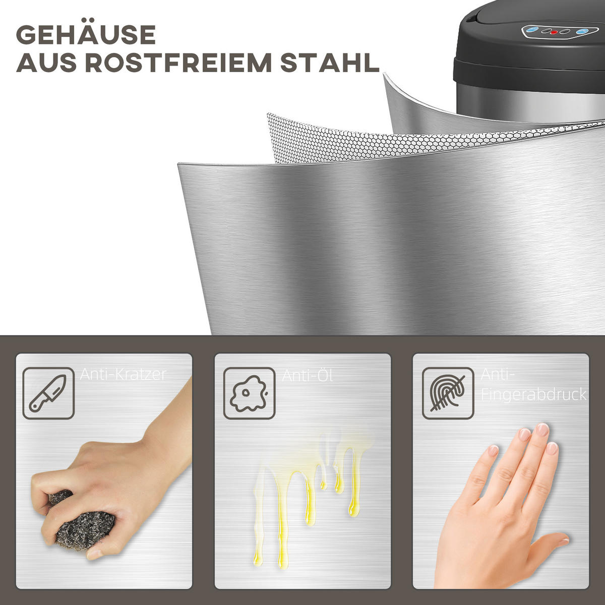 MÜLLEIMER mit Sensor 30L Edelstahl Automatischer Mülleimer mit Soft-Close-Deckel - Silberfarben, Metall (30.5/51/32cm) - HOMCOM