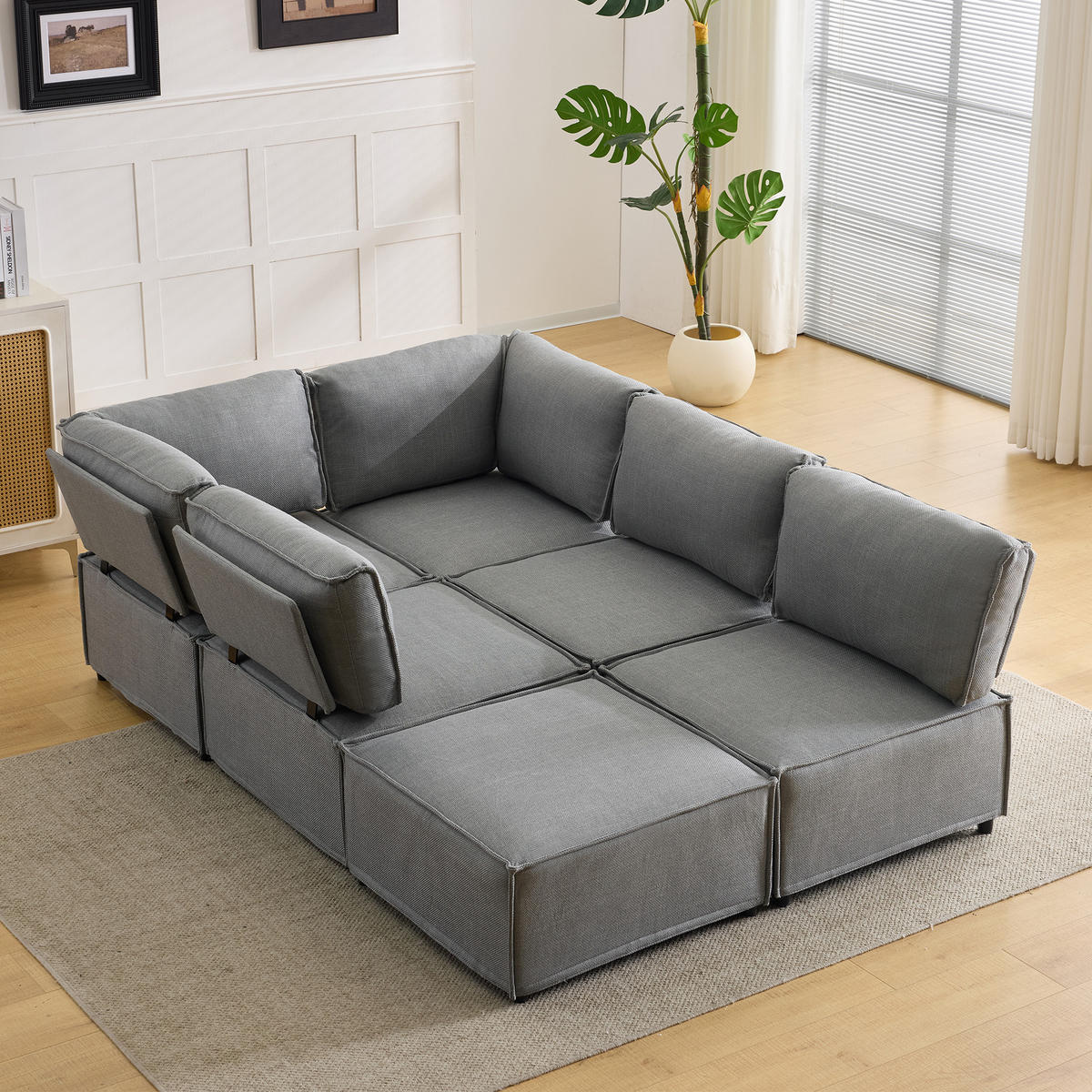 WOHNLANDSCHAFT Leinen Hellgrau mit Schlaffunktion - Hellgrau, Holzwerkstoff/Textil (308/77/152cm) - WISHDOR