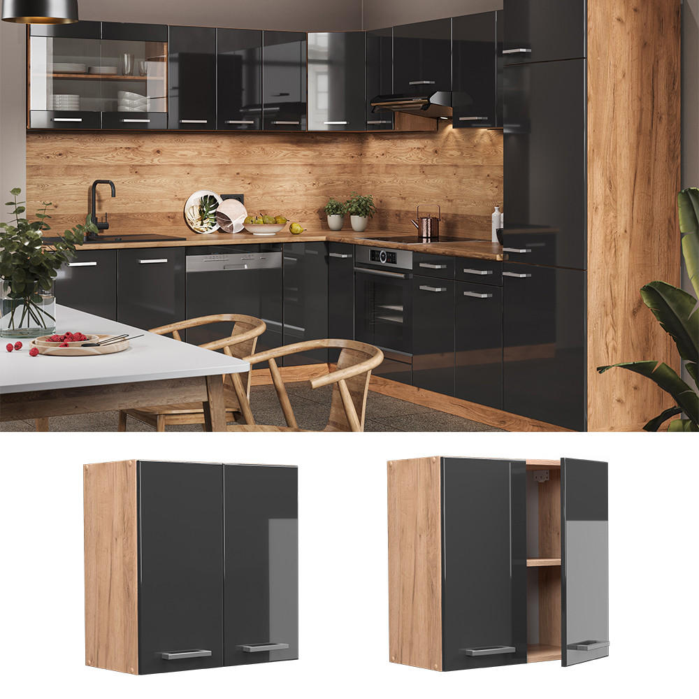 HÄNGESCHRANK R-Line Anthrazit Hochglanz 60 cm - Honigeiche/Schwarz Hochglanz, Holzwerkstoff (60/60/31cm) - Vicco