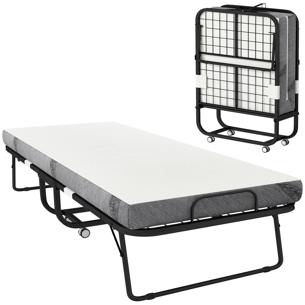 KLAPPBETT 90x200 cm DE-10670 mit Rollen & Matratze, klappbar Schwarz - Schwarz, Textil (90/200cm) - ComfortXL