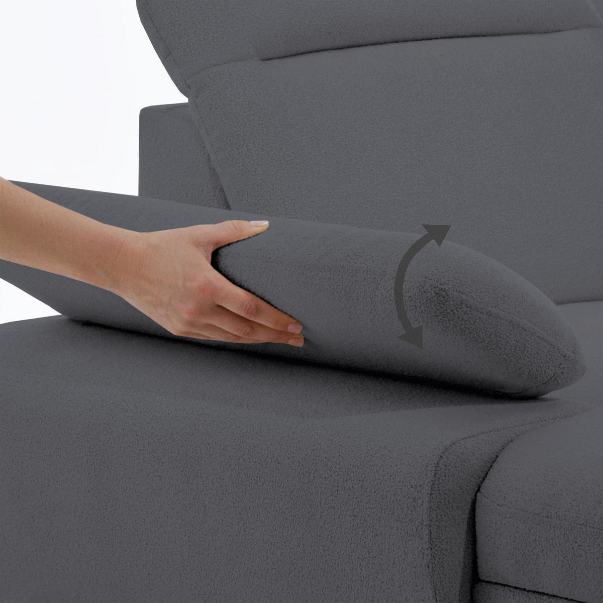 WOHNLANDSCHAFT Sora U mit Schlaffunktion und verstellbarer Sitztiefe, Kopfstützen und Armlehne, 365 cm, Anthrazit, Rechts - Anthrazit/Schwarz, Textil (365/107/235cm) - Beautysofa