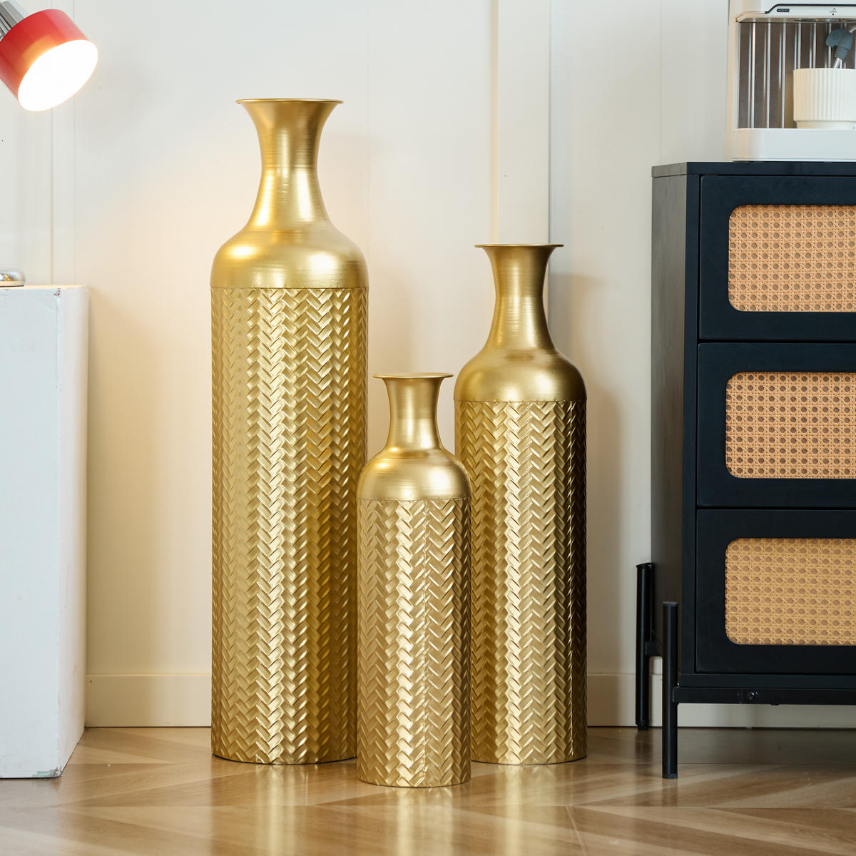 BODENVASE 3-tlg 50-83cm Bodenvase Gold aus Metall mit Strukturmuster für Wohnzimmer - Goldfarben, Metall (92.06cm) - Raelunyi
