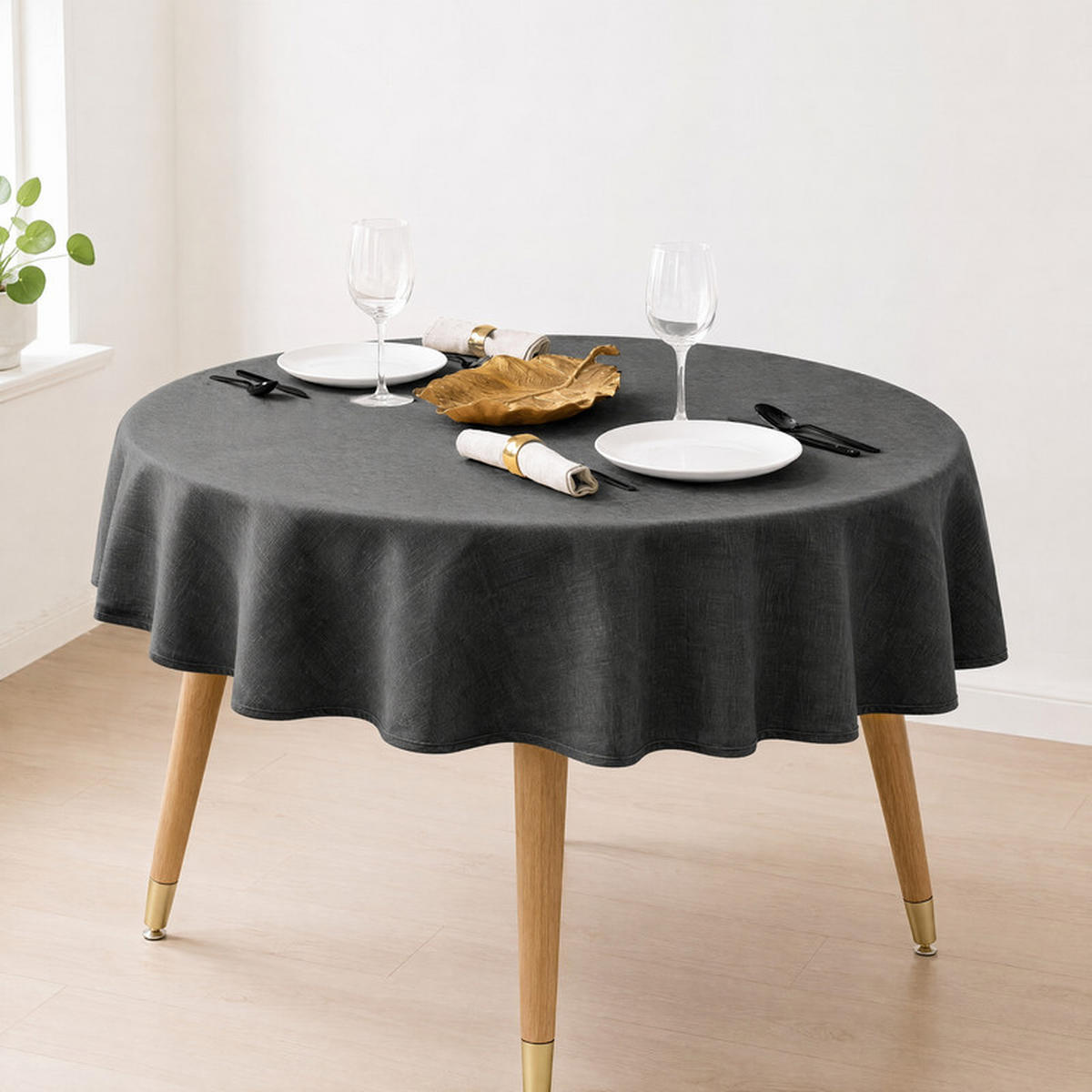 TISCHDECKE rund Ø140 cm Dunkelgrau Leinenoptik wasserabweisend - Dunkelblau, Textil (140/140cm) - SHOPENTRA