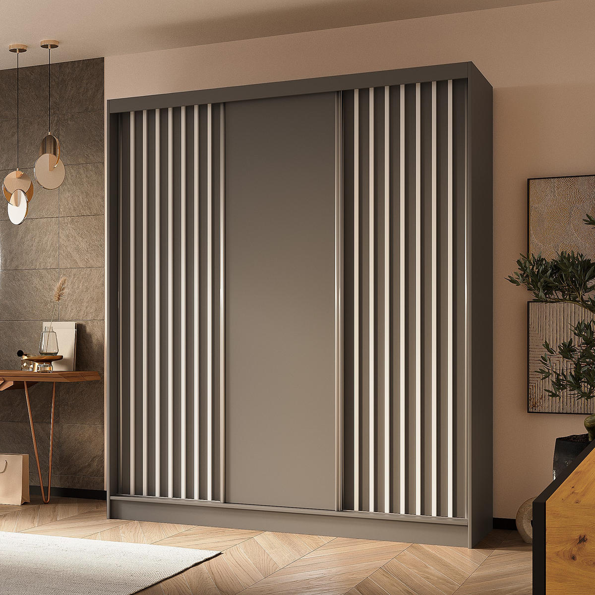 SCHWEBETÜRENSCHRANK LAMELLO 180/216/61 cm 3-türig Grau - Grau, Holzwerkstoff (180/216/61cm) - MASSENO