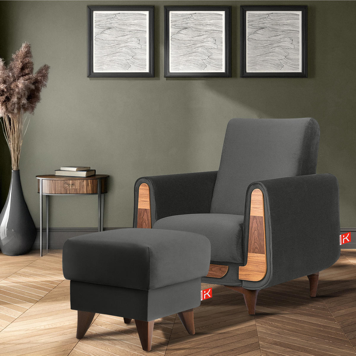 HOCKER GUSTAVO Fußstütze, Velours, Anthrazit - Anthrazit, Holz/Holzwerkstoff (53/49/53cm) - KONSIMO®