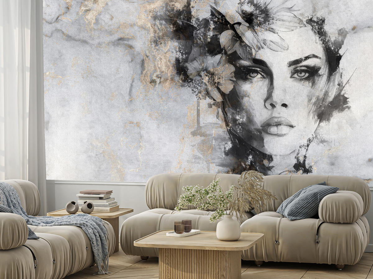 FOTOTAPETE für Wohnzimmer Frau Porträt Beton Blumen Modern 400x280 - Goldfarben/Schwarz, Papier (400/280cm) - Muralo