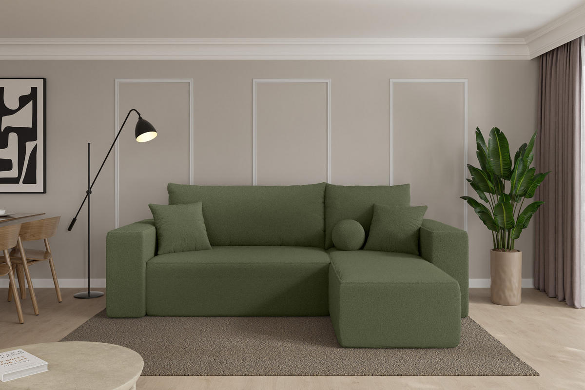 ROHOVÁ SEDAČKA s funkcí spaní, otoman vpravo SENO-L 249x139x85 zelená bouclé - černá/zelená barva, kompozitní dřevo/textil (249/139cm) - ALTDECOR