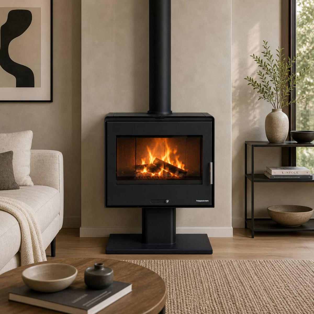 KAMINOFEN Holzofen Wohnzimmer Holzkamin 5071 Panorama 3 Seiten Glas 10 kW - Schwarz, Metall (70.4/90/38cm) - DanDiBo