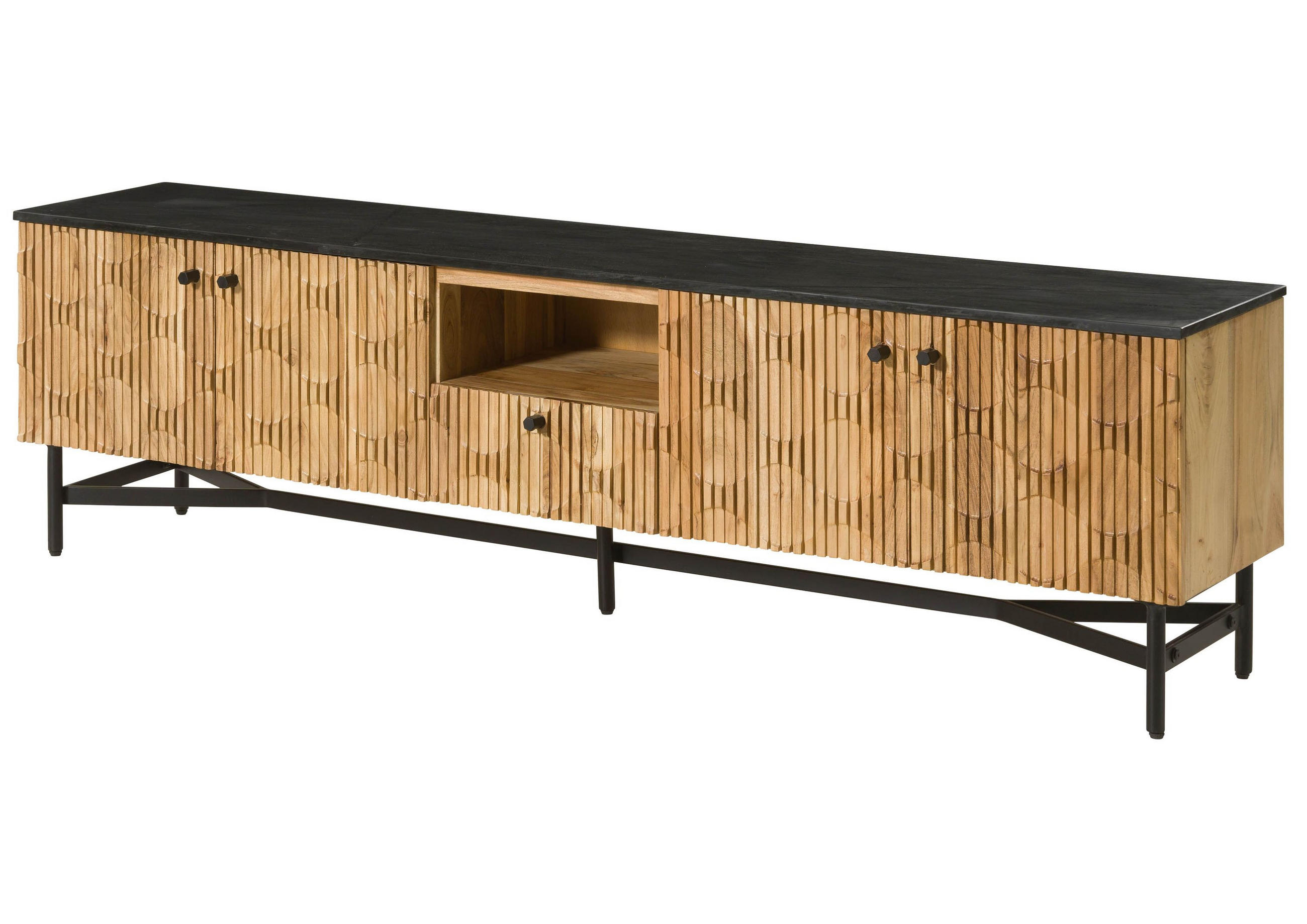 TV-BOARD Akazie 200x40x55 natur lackiert / Marmor schwarz LONDON #106 - Naturfarben, Holz (200/55/40cm) - Massivmoebel24