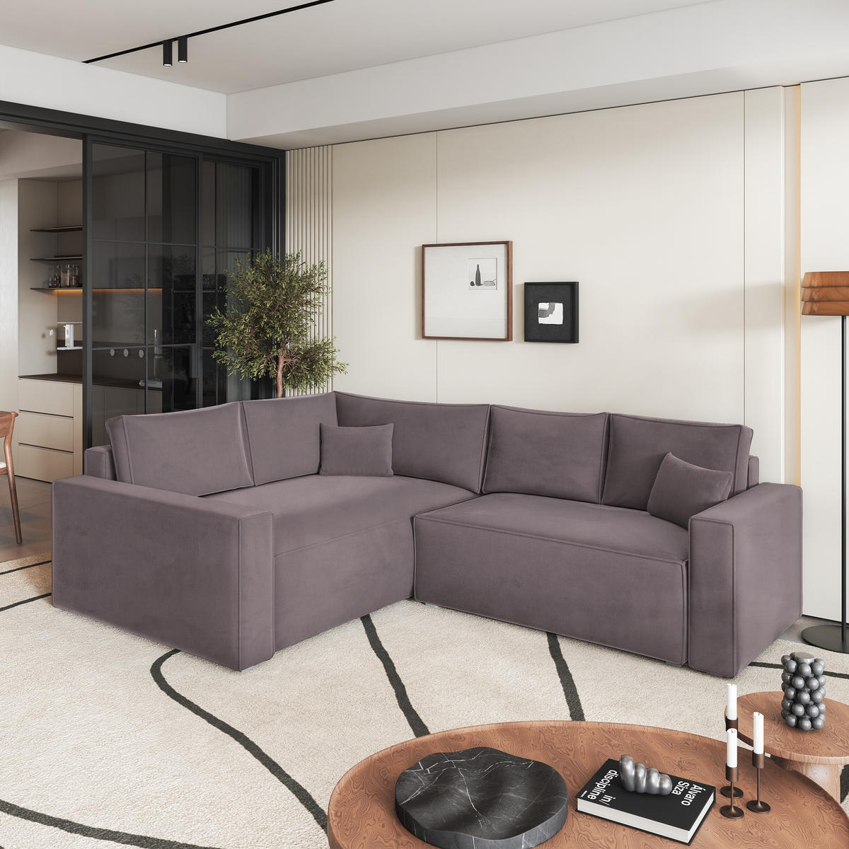 ECKSOFA ERONIS L-S Lila Velours-Stoff mit Schlaffunktion - Lila, Holz (265/194cm) - MASSENO