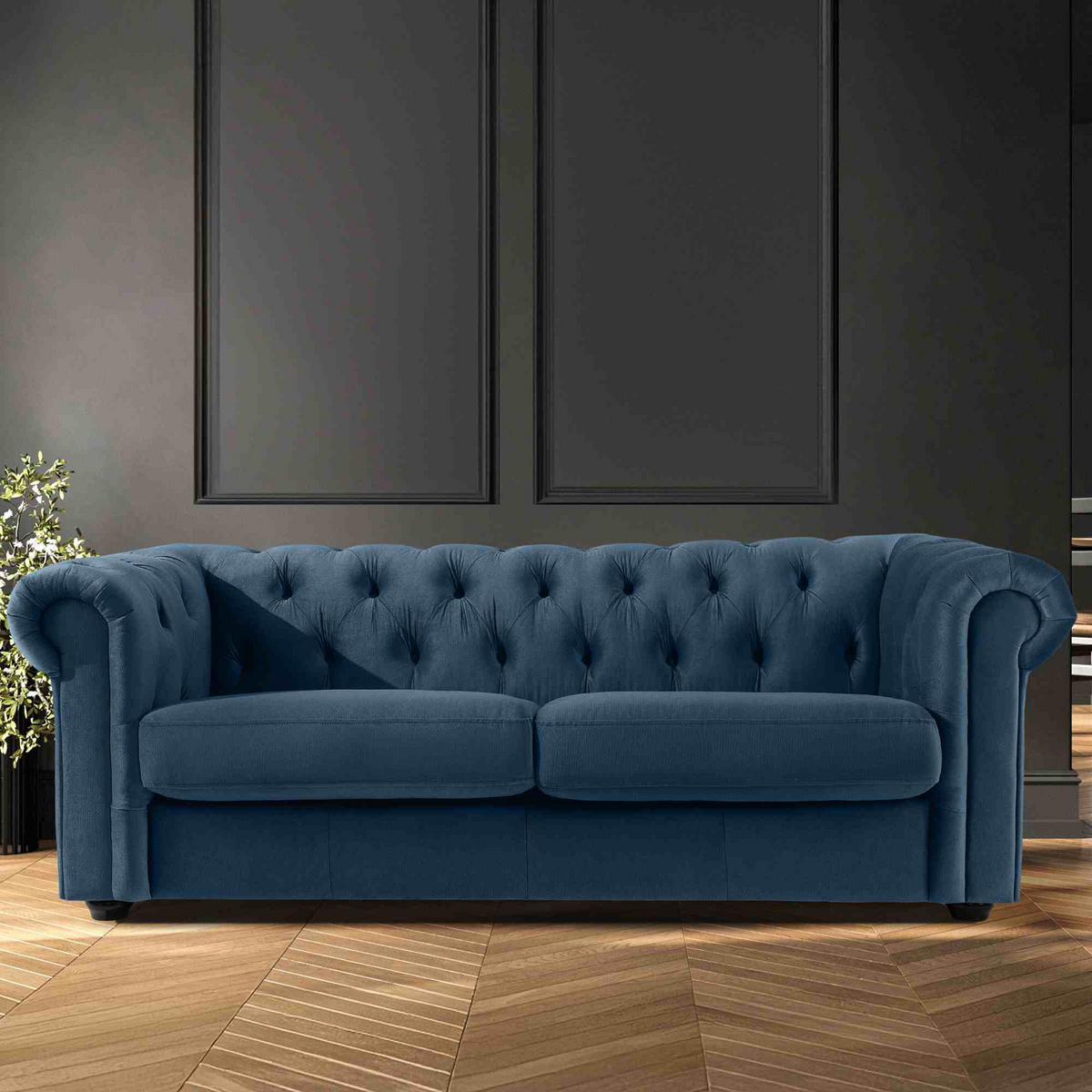 3-SITZER-SOFA GRAVO Chesterfield, Velours - Wengefarben/Dunkelblau, Leder/Holz (202/72/95cm) - KONSIMO®