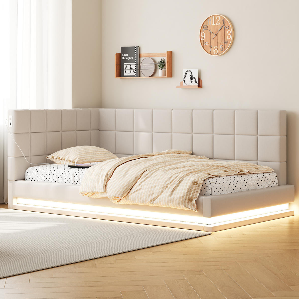 SCHLAFSOFA 90/200 cm in Beige Leinen mit LED und USB - Beige, Holzwerkstoff/Textil (90/200cm) - WISHDOR