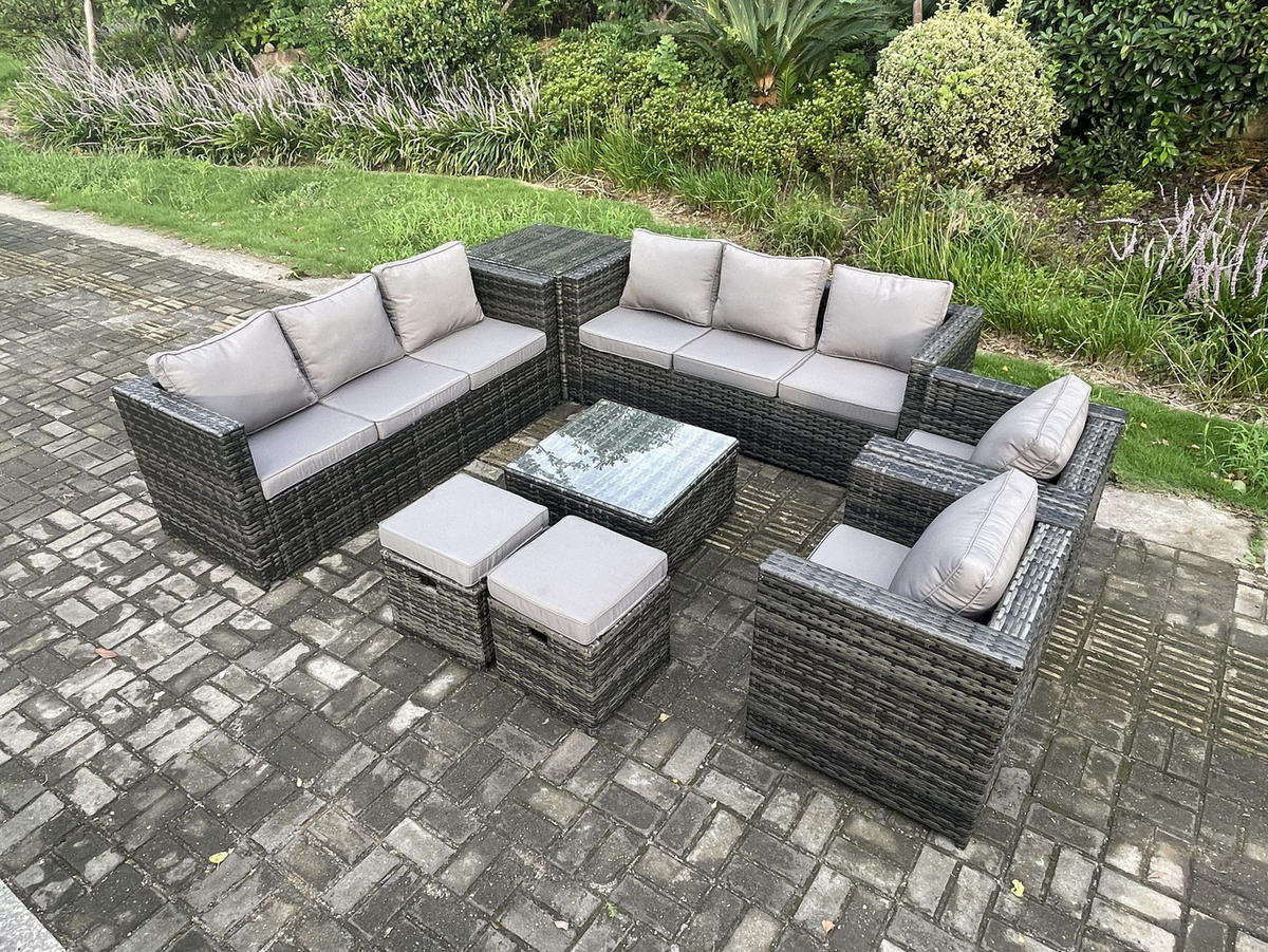 GARTENTISCHGRUPPE Polyrattan 10-Sitzer - Dunkelgrau, Metall - Fimous