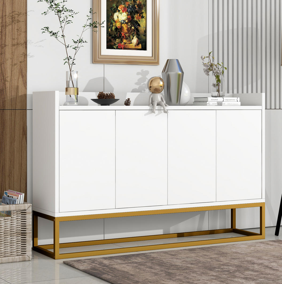 SIDEBOARD grifflos 120 x 30 x 80 cm Weiß 4-türig - Weiß, Holzwerkstoff (120/80/30cm) - Meubliv