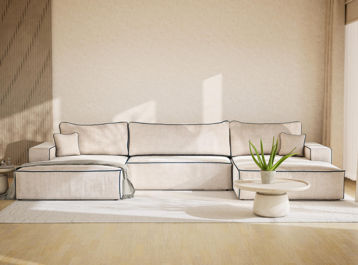 WOHNLANDSCHAFT Deseo Creme-Dunkelblau Chenille-Stoff - Creme/Schwarz, Holz/Holzwerkstoff (398/70/148cm) - Maison de Reve
